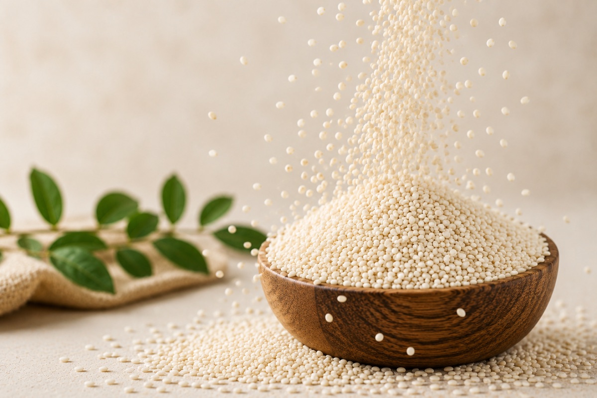 Premium sesame seeds being poured